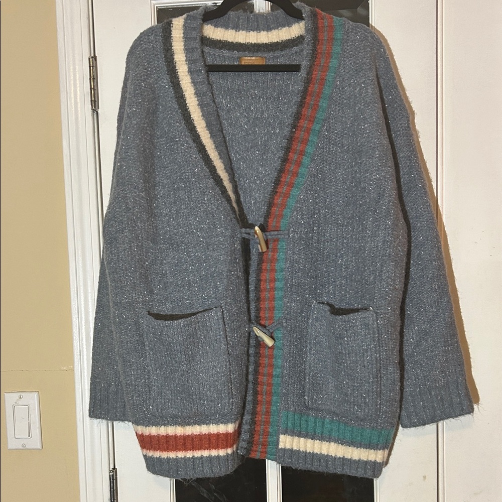 POL Large Cozy Blue Cardigan w/ Toggle Buttons Striped Accents & Pockets New
